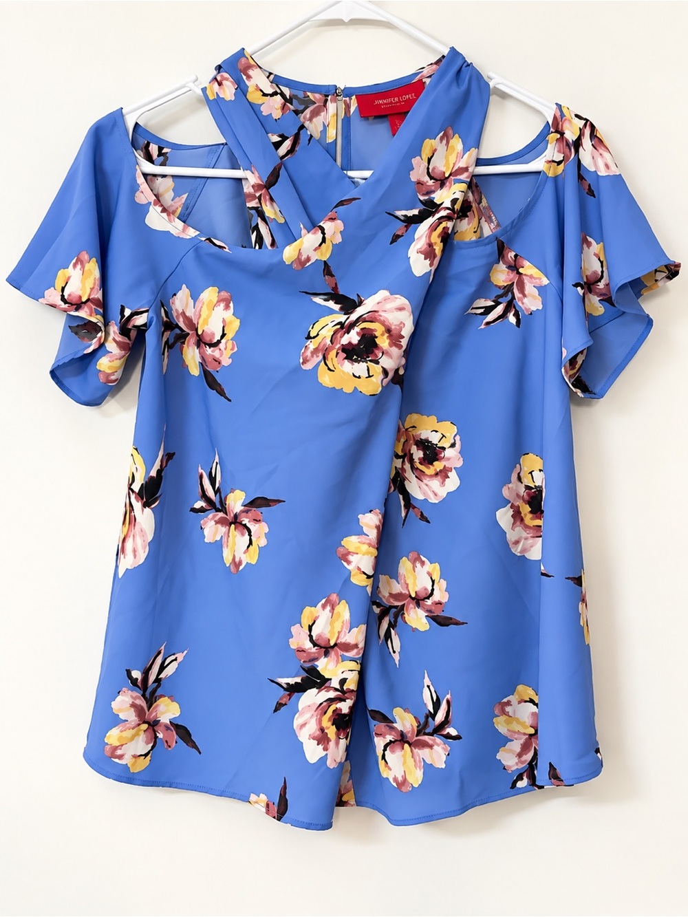 Jennifer Lopez Bright Blue Floral Cold-Shoulder Blouse